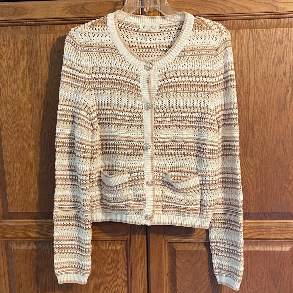 Marled Cream And Brown Knit Cardigan